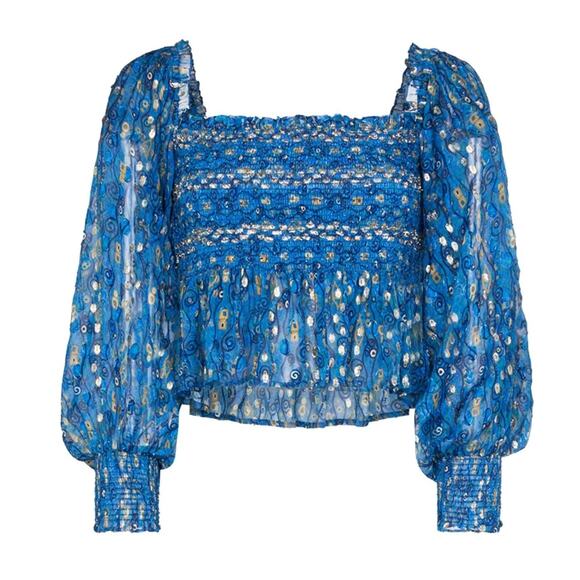 Rixo London Eloise Shirred Printed Metallic Fil Coupe Silk-blend - 0 - Blue - Picture 1 of 5